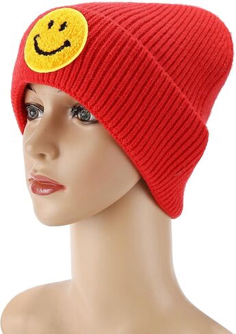 Smiley Face Embroidered Beanie Hat Happy Graphic Cuffed Skull Cap Cute Pattern Winter Warm Watch Hats for Women, Men in Saudi Arabia