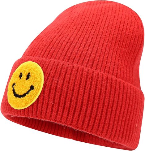 Smiley Face Embroidered Beanie Hat Happy Graphic Cuffed Skull Cap Cute Pattern Winter Warm Watch Hats for Women, Men in Saudi Arabia