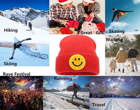 Smiley Face Embroidered Beanie Hat Happy Graphic Cuffed Skull Cap Cute Pattern Winter Warm Watch Hats for Women, Men in Saudi Arabia