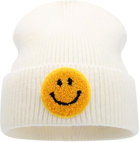 Smiley Face Embroidered Beanie Hat Happy Graphic Cuffed Skull Cap Cute Pattern Winter Warm Watch Hats for Women, Men in Saudi Arabia