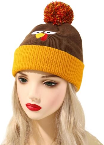 Thanksgiving Turkey Beanie Hat, Cute Turkey Beanie Cap Pom Pom Turkey Knitted Hats for Kids Women and Man in Kuwait