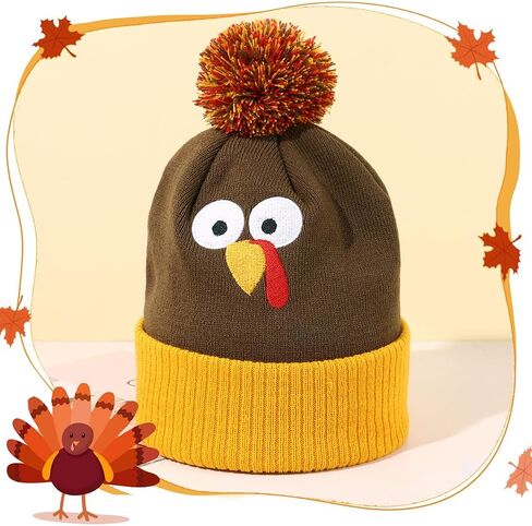 Thanksgiving Turkey Beanie Hat, Cute Turkey Beanie Cap Pom Pom Turkey Knitted Hats for Kids Women and Man in Kuwait