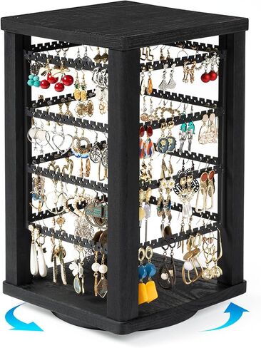 Emfogo 360 Earring Holder Organizer, Rustic Wood Earring Stand, Rotating Wooden Earring Display, 4 Tiers Earring Organizer Stand for Stud Earrings, Hoop Earrings & Necklaces, Women Gifts in Kuwait