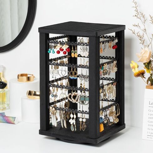 Emfogo 360 Earring Holder Organizer, Rustic Wood Earring Stand, Rotating Wooden Earring Display, 4 Tiers Earring Organizer Stand for Stud Earrings, Hoop Earrings & Necklaces, Women Gifts in Kuwait