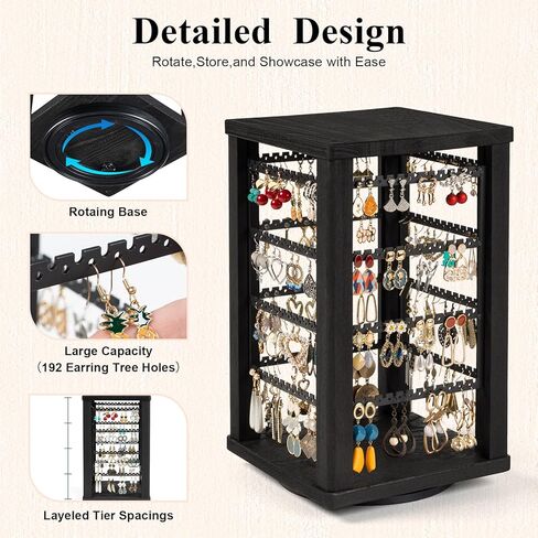 Emfogo 360 Earring Holder Organizer, Rustic Wood Earring Stand, Rotating Wooden Earring Display, 4 Tiers Earring Organizer Stand for Stud Earrings, Hoop Earrings & Necklaces, Women Gifts in Kuwait