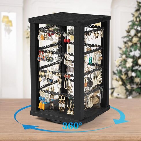 Emfogo 360 Earring Holder Organizer, Rustic Wood Earring Stand, Rotating Wooden Earring Display, 4 Tiers Earring Organizer Stand for Stud Earrings, Hoop Earrings & Necklaces, Women Gifts in Kuwait