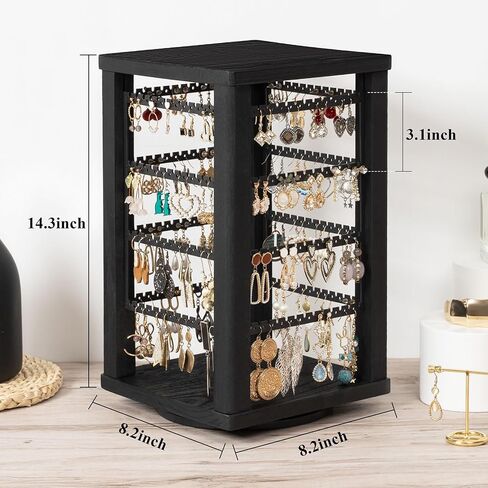Emfogo 360 Earring Holder Organizer, Rustic Wood Earring Stand, Rotating Wooden Earring Display, 4 Tiers Earring Organizer Stand for Stud Earrings, Hoop Earrings & Necklaces, Women Gifts in Kuwait