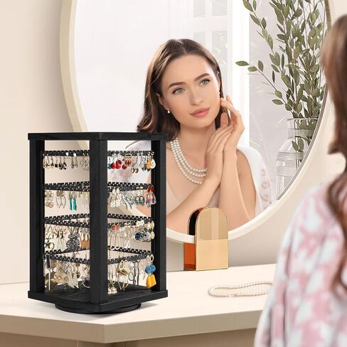 Emfogo 360 Earring Holder Organizer, Rustic Wood Earring Stand, Rotating Wooden Earring Display, 4 Tiers Earring Organizer Stand for Stud Earrings, Hoop Earrings & Necklaces, Women Gifts in Kuwait