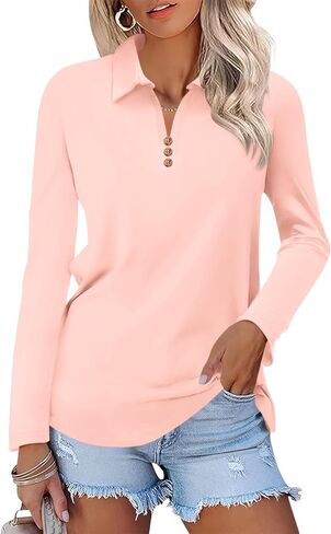 Women's Long Sleeve Tops V Neck Button Polo Shirts Casual Basic Tees Blouse in Saudi Arabia