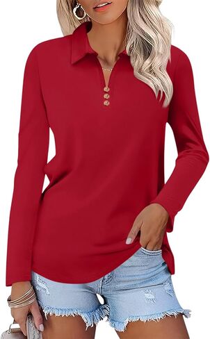 Women's Long Sleeve Tops V Neck Button Polo Shirts Casual Basic Tees Blouse in Saudi Arabia