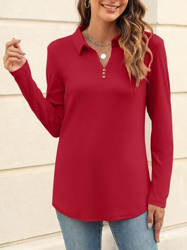 Women's Long Sleeve Tops V Neck Button Polo Shirts Casual Basic Tees Blouse in Saudi Arabia