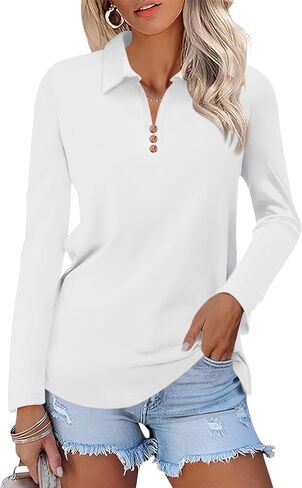 Women's Long Sleeve Tops V Neck Button Polo Shirts Casual Basic Tees Blouse in Saudi Arabia