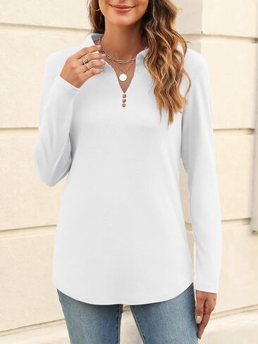 Women's Long Sleeve Tops V Neck Button Polo Shirts Casual Basic Tees Blouse in Saudi Arabia