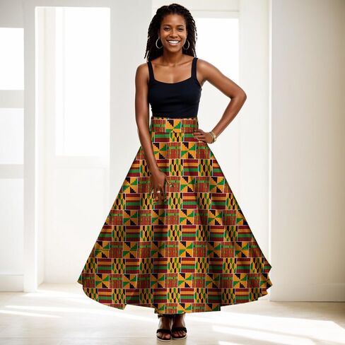 iooiooi African Skirt for Women Ankle Length Cotton Dashiki Print Long Skirt in Kuwait