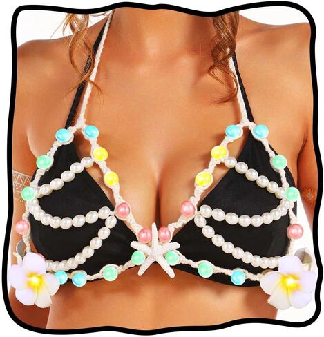 Nicute لؤلؤة نجم البحر الجسم سلسلة سترة تضيء LED الطبقات الصدرية زهرة الرسن توهج بيكيني التستر الجسم اكسسوارات للنساء in Kuwait