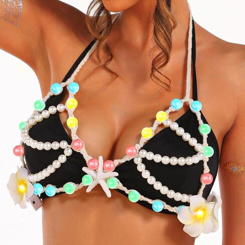 Nicute لؤلؤة نجم البحر الجسم سلسلة سترة تضيء LED الطبقات الصدرية زهرة الرسن توهج بيكيني التستر الجسم اكسسوارات للنساء in Kuwait