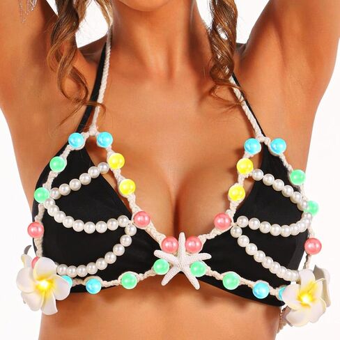 Nicute لؤلؤة نجم البحر الجسم سلسلة سترة تضيء LED الطبقات الصدرية زهرة الرسن توهج بيكيني التستر الجسم اكسسوارات للنساء in Kuwait