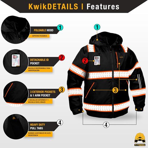 KwikSafety - Charlotte, NC - ENFORCER Bomber Safety Jacket - DETACHABLE ID POCKET – Insulated Reflective Work Jacket/Black XL in Kuwait