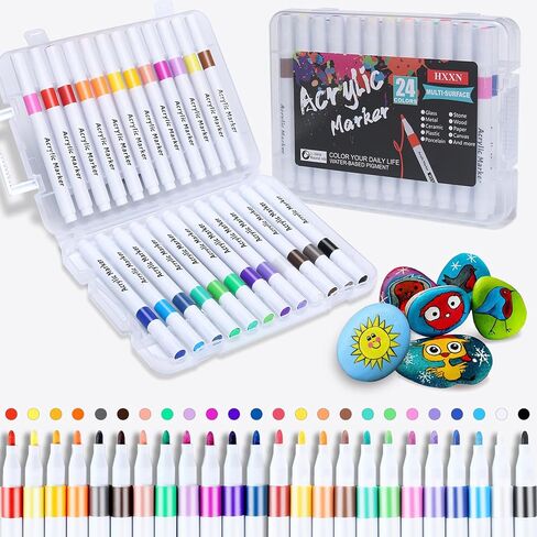 HXXN 24 Colors Acrylic Paint Markers Pens for Graffiti, Rock, Wood, Canvas, Glass, Fabric, Ceramic, DIY Crafts Art Supplies for Adults Kids in Saudi Arabia