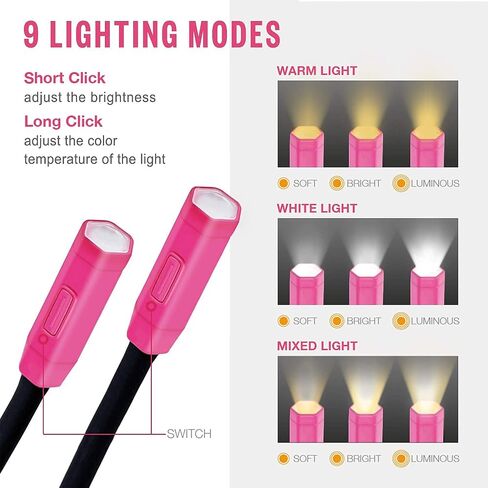 Vekkia Lightweight Neck Reading Light, Book Light for Reading in Bed, Knitting Light for Neck,3 Colors,9 Brightness,Rechargeable,Hand Free,Portable,Long Lasting,Outdoor,Gift for Craft&Crochet Lover in Kuwait