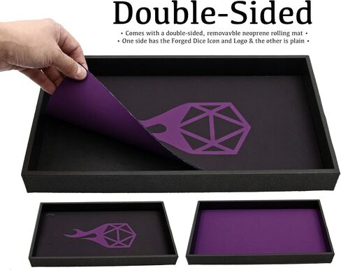 Forged Dice Co. Dice Tray 14" - Double Sided and Removable Neoprene Rolling Dice Mat - for Any Dice or Board Game, Tabletop RPGs Like D&D Pathfinder Roleplaying Game Black Tray w/Purple D20 Icon Mat in Kuwait