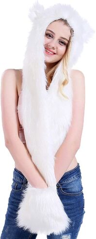 FHQHTH 3 in 1 Faux Fur Animal Hood with Paws Fuzzy Novelty Wolf Hats Gloves Scarf Winter Cosplay Hoods Halloween Cosplay in Saudi Arabia