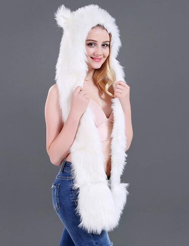FHQHTH 3 in 1 Faux Fur Animal Hood with Paws Fuzzy Novelty Wolf Hats Gloves Scarf Winter Cosplay Hoods Halloween Cosplay in Saudi Arabia