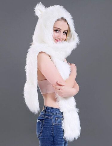 FHQHTH 3 in 1 Faux Fur Animal Hood with Paws Fuzzy Novelty Wolf Hats Gloves Scarf Winter Cosplay Hoods Halloween Cosplay in Saudi Arabia