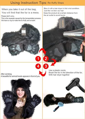 FHQHTH 3 in 1 Faux Fur Animal Hood with Paws Fuzzy Novelty Wolf Hats Gloves Scarf Winter Cosplay Hoods Halloween Cosplay in Saudi Arabia