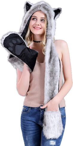FHQHTH 3 in 1 Faux Fur Animal Hood with Paws Fuzzy Novelty Wolf Hats Gloves Scarf Winter Cosplay Hoods Halloween Cosplay in Saudi Arabia