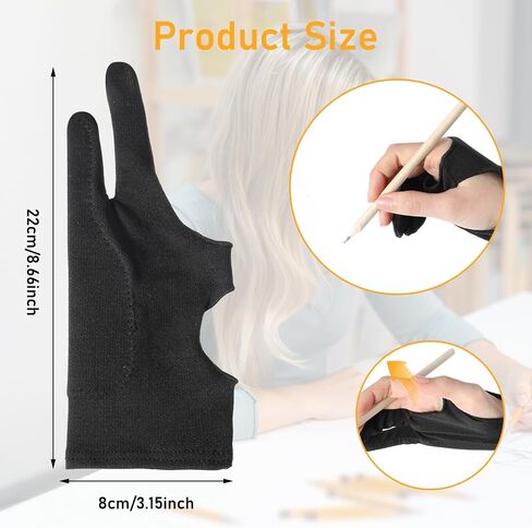 Mabor Drawing Glove, 2 Pcs Digital Art Glove for Graphic Tablet, Artist Gloves with Two Fingers for Paper Sketching, Palm Rejection, Suitable for Left and Right Hand, Black in Saudi Arabia