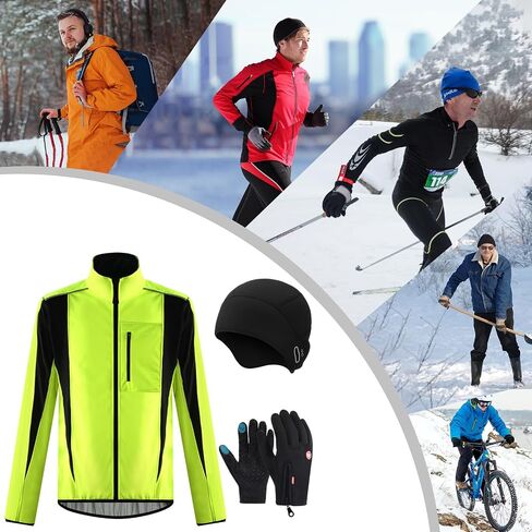 3 Pcs Men's Cycling Jacket Winter Warm Windproof Waterproof Windbreaker with Gloves and Helmet for Men Women in Saudi Arabia
