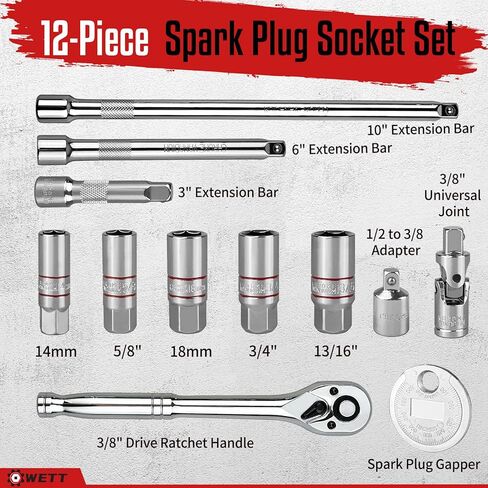 WETT 12Pcs Spark Plug Socket Set, 3/8" Drive Ratchet Handle with Mirror Polished Sockets, Spark Plug Gapper, Universal Joint and Extension Bar, Spark Plug Removal Tool with Rubber Retaining Ring in Saudi Arabia