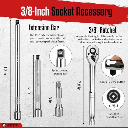 WETT 12Pcs Spark Plug Socket Set, 3/8" Drive Ratchet Handle with Mirror Polished Sockets, Spark Plug Gapper, Universal Joint and Extension Bar, Spark Plug Removal Tool with Rubber Retaining Ring in Saudi Arabia