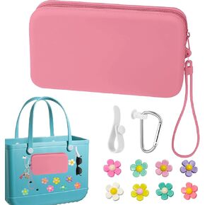 Silicone Phone Holder for Bogg Bag, Accessories Set Contain 2PCS Key Holder & 8PCS Flower Charms, Soft Insert Zipper Wallet for Beach Bags, Large Capacity Inserts Organizer, Decorative Charms - Pink