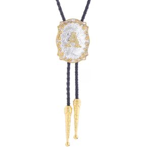 Bolo Tie for Men Initial Letters A-Z Bolo Tie Western Texas Rodeo Cowboy Tie Golden Leather Necktie Necklace