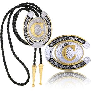 Btilasif 2 Pieces Western Cowboy Belt Buckle Bolo Tie Set Initial Letters A-Z Golden Rodeo Leather Necktie for Men Wedding