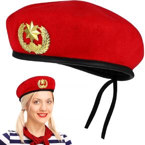 1Pc Imitation Woolen Beret Hat, Vintage Beret with Eight-Pointed Star, Sailors Beret Headwear for Party Dancing Show Performance Costume, Red