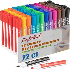 Dry Erase Markers Bulk, Pack of 72 with 12 Vibrant Colors, Chisel Tip White Board Markers Dry Erase Pens Whiteboard Markers - Perfect for Kids, Home & Office Supplies, Back to School Supplies