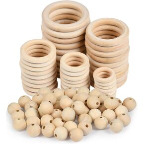 TIMESETL 150 Pcs Unfinished Solid Wooden Rings and Natural Round Wood Spacer Beads Without Paint for Necklace Bracelet Jewelry DIY Macrame Craft Making, Plant Hangers, Connectors
