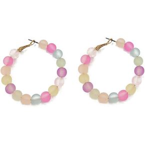 Colorful Beaded Ball Large Huggie Hoop Earrings Acrylic Resin Round Balls Beads Big Circle Statement Earrings Hoops Bohemian Jewelry Gifts for Women Girls Summer Beach Party