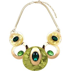 Women's Celluloid Acetate Oval Disc Glass Stone Metal Link Statement 17 inches Plus Extension Link Necklace