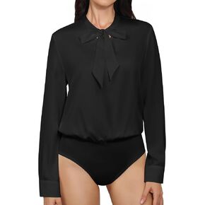 TQD Bow Tie Neck Long Sleeve Bodysuit for Women Silk Satin Bodysuit Blouse Casual Office Blouse Tops