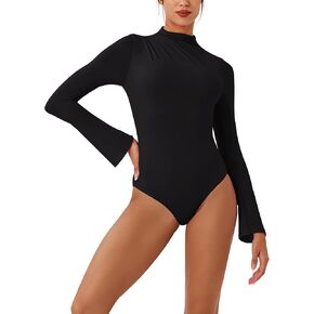 REORIA Long Sleeve High Neck Bodysuit Double Layer Ruching Elegant Bell Sleeve Tops 2024 Fall/Winter Designer Collection