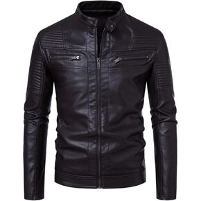 FANARCHER Leather Jacket Men Casual Stand Collar Windbreaker with Zipper Pockets
