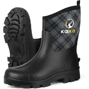 Kalkal Rubber Boots for Men, 6mm Neoprene Insulated Rain Boots with Steel Shank, Waterproof Mid Calf Rubber Work Boots For Mud Gardening Farming Fishing Hunting Working, Size 7-14