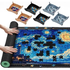 Lwoeo Jigsaw Puzzle Mat Roll Up, Black 48.4" x 30.7" Smooth Top Saver Pad Up to 2000 Pieces，Large Puzzle Matt Rollup with 6 Sorting Trays & 1 Storage Bag for Sorting Table, Board, Frame Puzzle Mats