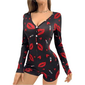 Floerns Women's V Neck Printed Long Sleeve Onesie Loungewear Romper One Piece Pajamas