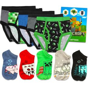 Minecraft Socks and Underwear Set - Minecraft Apparel Bundle with 5 Pairs of Minecraft Socks for Boys, 5 Pairs of Minecraft Briefs Size 8 Plus Tattoos | Minecraft Clothing Set for Kids