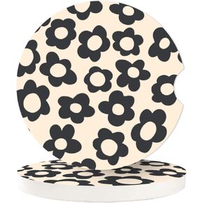 Abstract Black Flower Absorbent Car Cup Coasters,Cup Holders,Cork Base Drink Coasters with Finger Notch for Easy Move of Car Cup Holder for Women Men 2.6"(2 Pieces)
